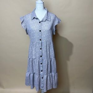 Monteau Los Angeles Blue Floral Tiered Collared Ruffle Sleeve Dress Sz m